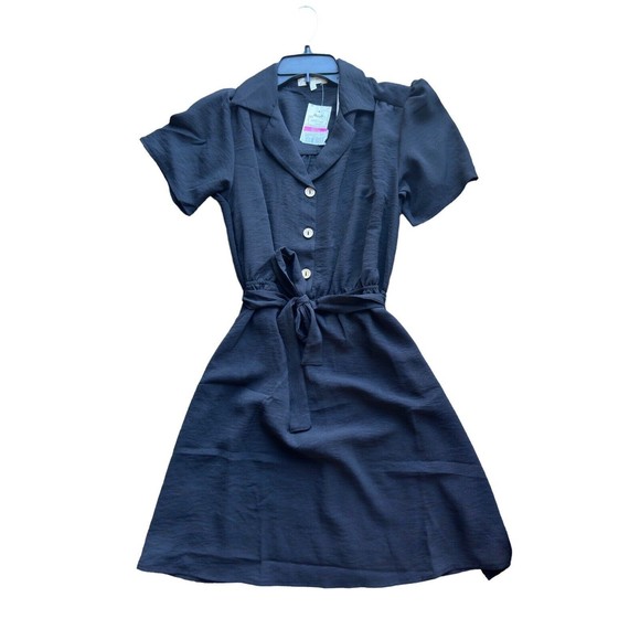 Womens Short Sleeve Button Dress Small Belted Black Pinup Goth Dark Academia - Picture 5 of 16